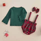 Infant Baby Girl Christmas Outfit Letter Print Ruffle Long Sleeve Romper Plaid Layered Ruffle Shorts Bow Headband Socks